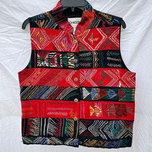 Vintage Red and Black Embroidered Mandarin Collar Cotton Blend Vest